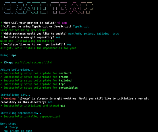 Terminal screenshot showing create-t3-app setup.