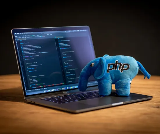 Php elephant(logo) in cartoon form on a macbook.